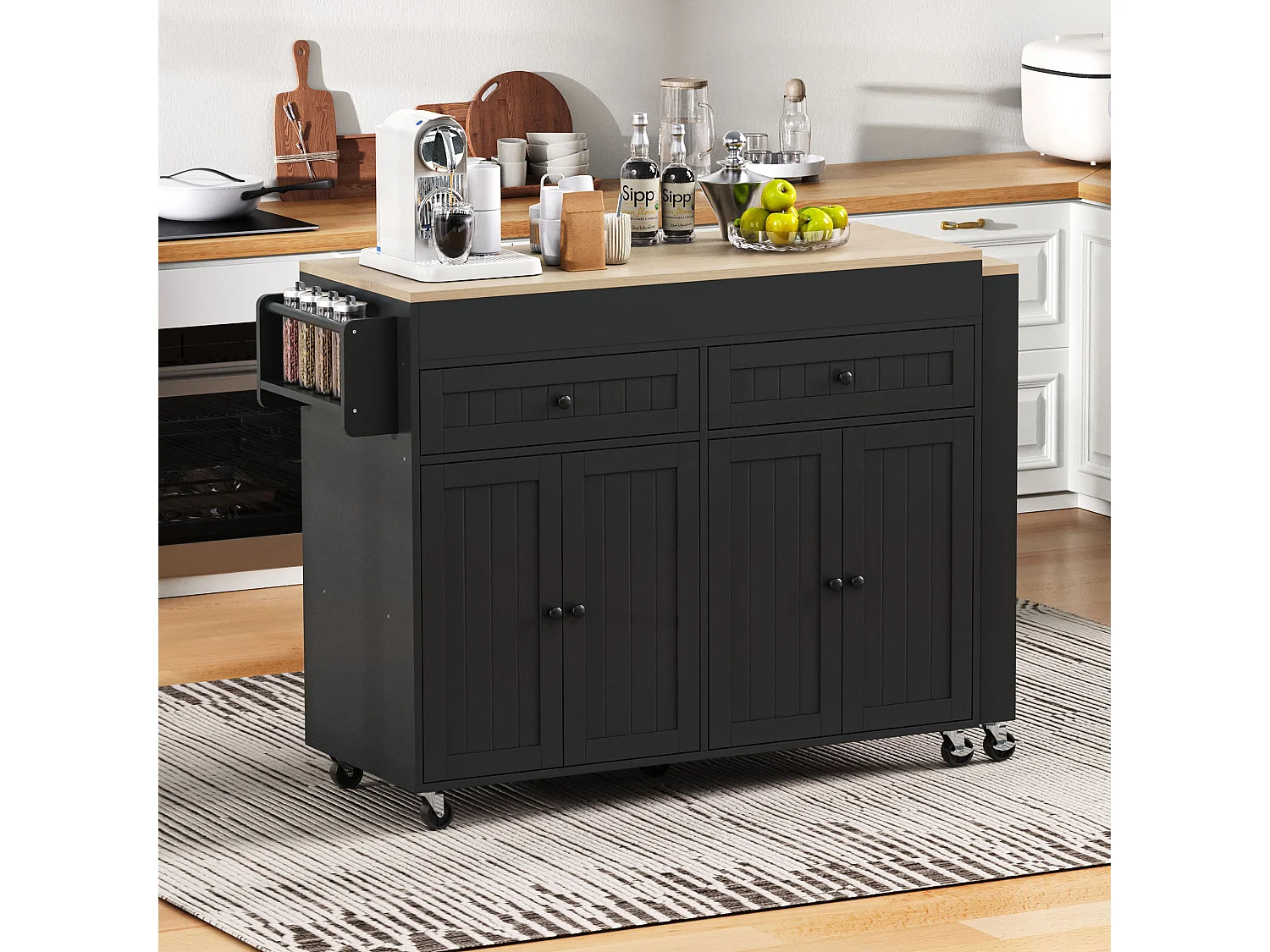 Îlot central de cuisine mobile noir - Desserte de cuisine avec 4 portes et 2 tiroirs - plateau extensibleen bois et étagère à épices