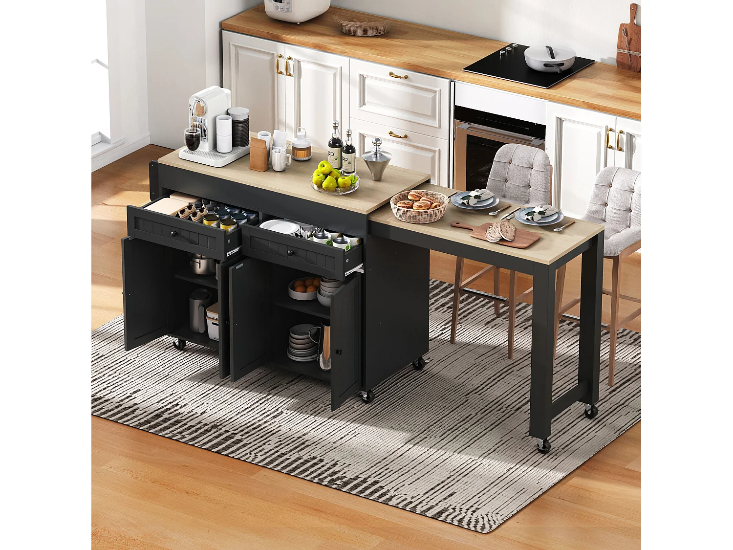 Îlot central de cuisine mobile noir - Desserte de cuisine avec 4 portes et 2 tiroirs - plateau extensibleen bois et étagère à épices