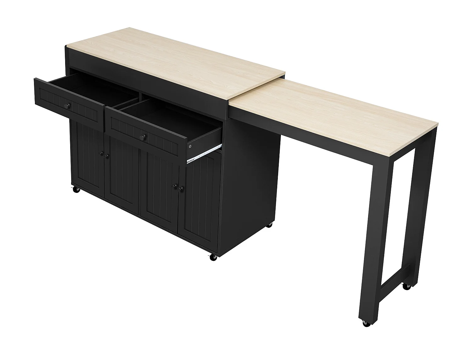 Îlot central de cuisine mobile noir - Desserte de cuisine avec 4 portes et 2 tiroirs - plateau extensibleen bois et étagère à épices