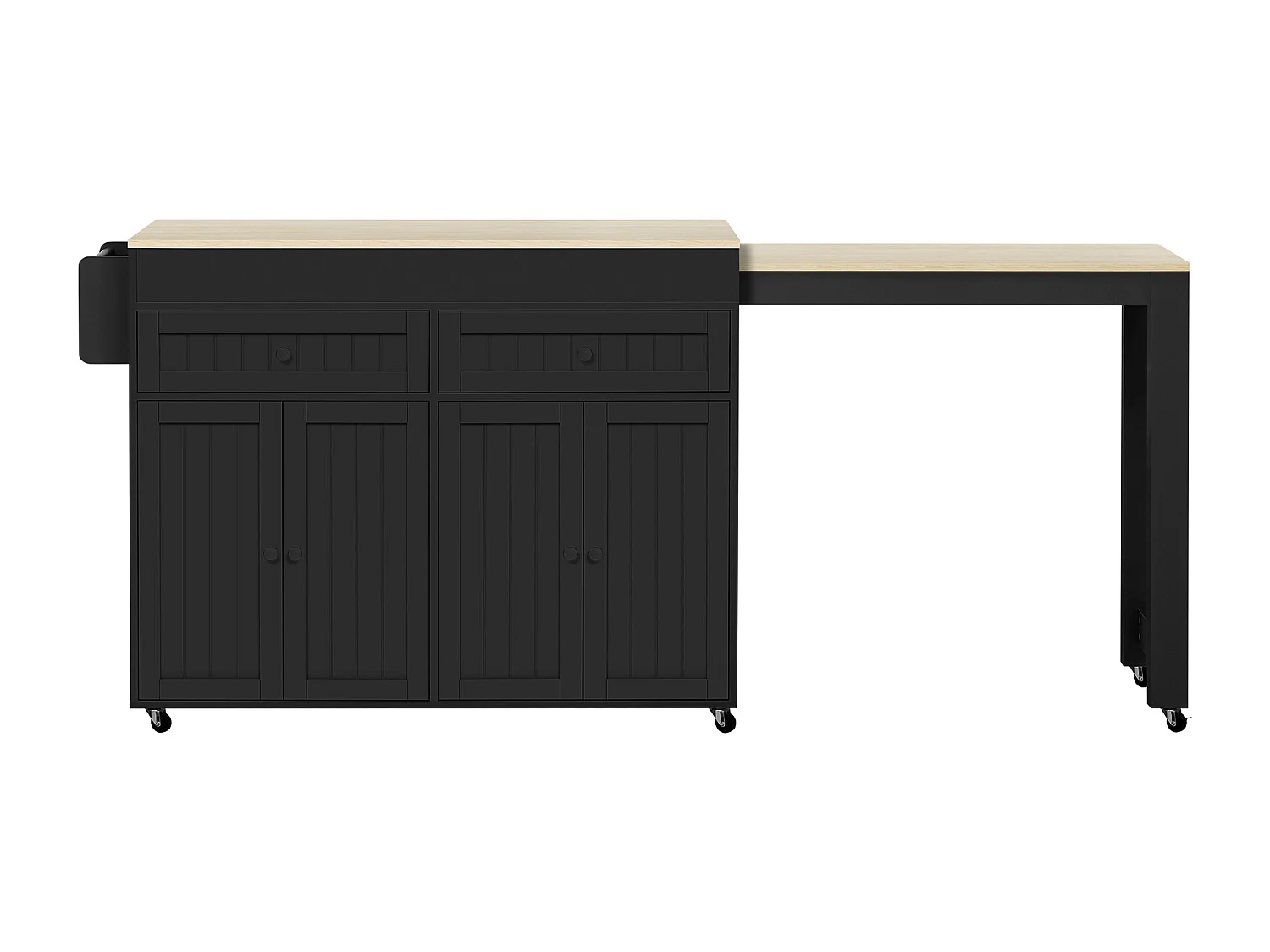 Îlot central de cuisine mobile noir - Desserte de cuisine avec 4 portes et 2 tiroirs - plateau extensibleen bois et étagère à épices