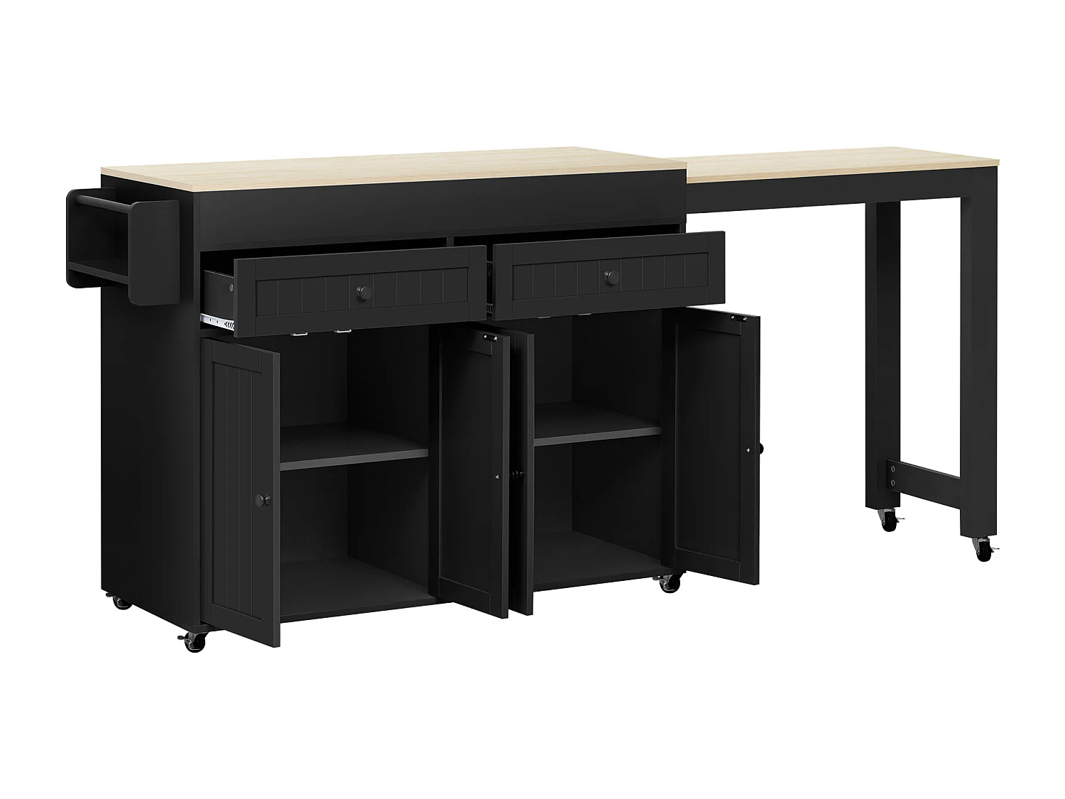 Îlot central de cuisine mobile noir - Desserte de cuisine avec 4 portes et 2 tiroirs - plateau extensibleen bois et étagère à épices