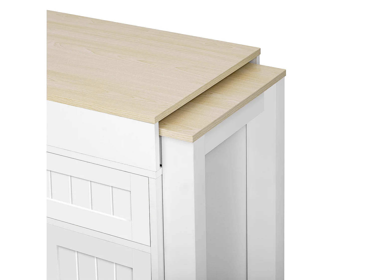 Weiße mobile Kücheninsel – Küchenwagen mit 4 Türen und 2 Schubladen – ausziehbare holzplatte und gewürzregal