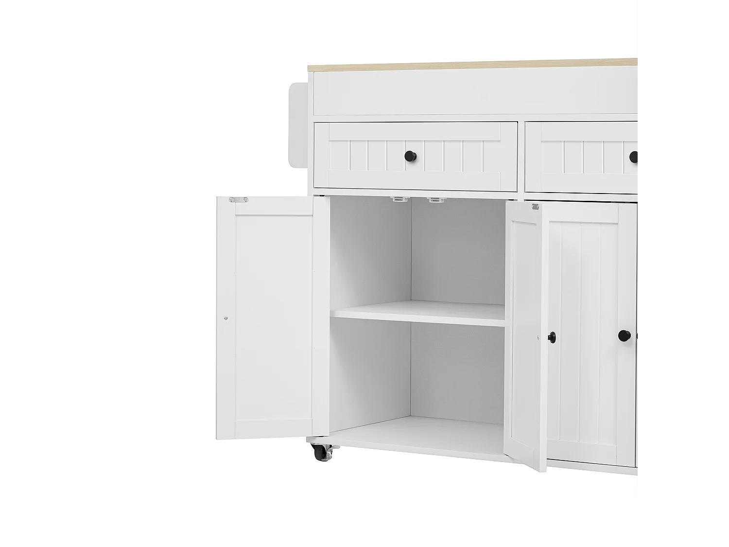 Weiße mobile Kücheninsel – Küchenwagen mit 4 Türen und 2 Schubladen – ausziehbare holzplatte und gewürzregal