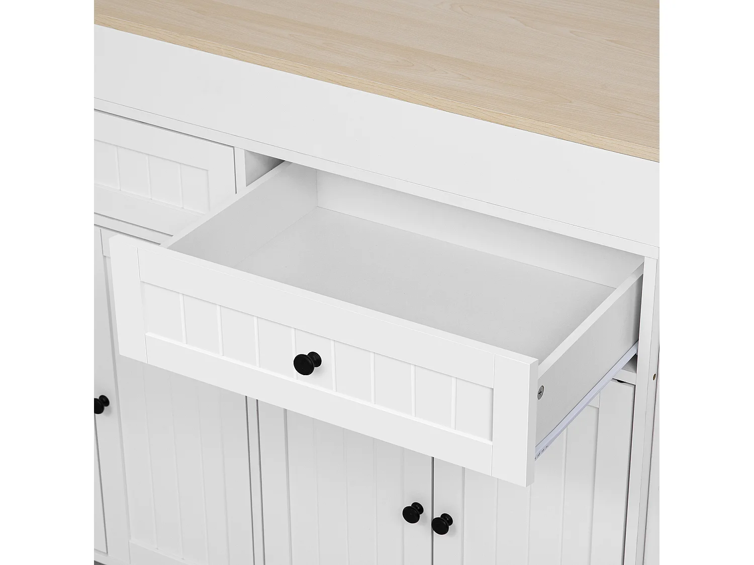 Weiße mobile Kücheninsel – Küchenwagen mit 4 Türen und 2 Schubladen – ausziehbare holzplatte und gewürzregal