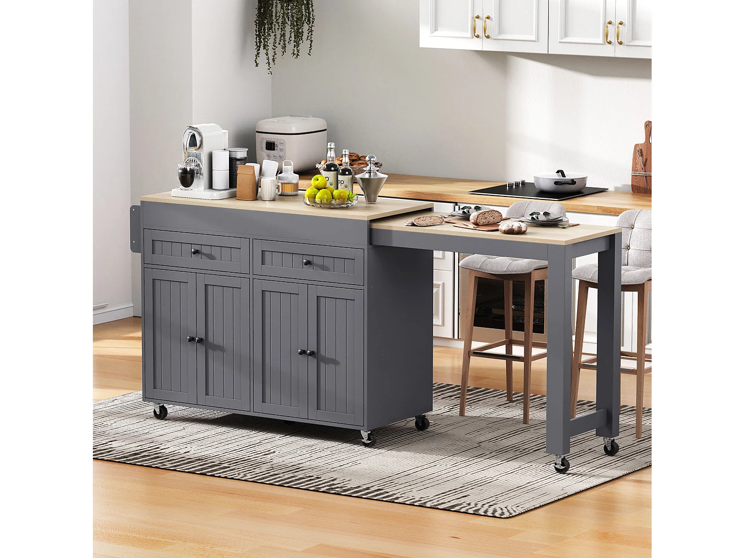 Îlot central de cuisine mobile gris - Desserte de cuisine avec 4 portes et 2 tiroirs - plateau extensible et étagère à épices