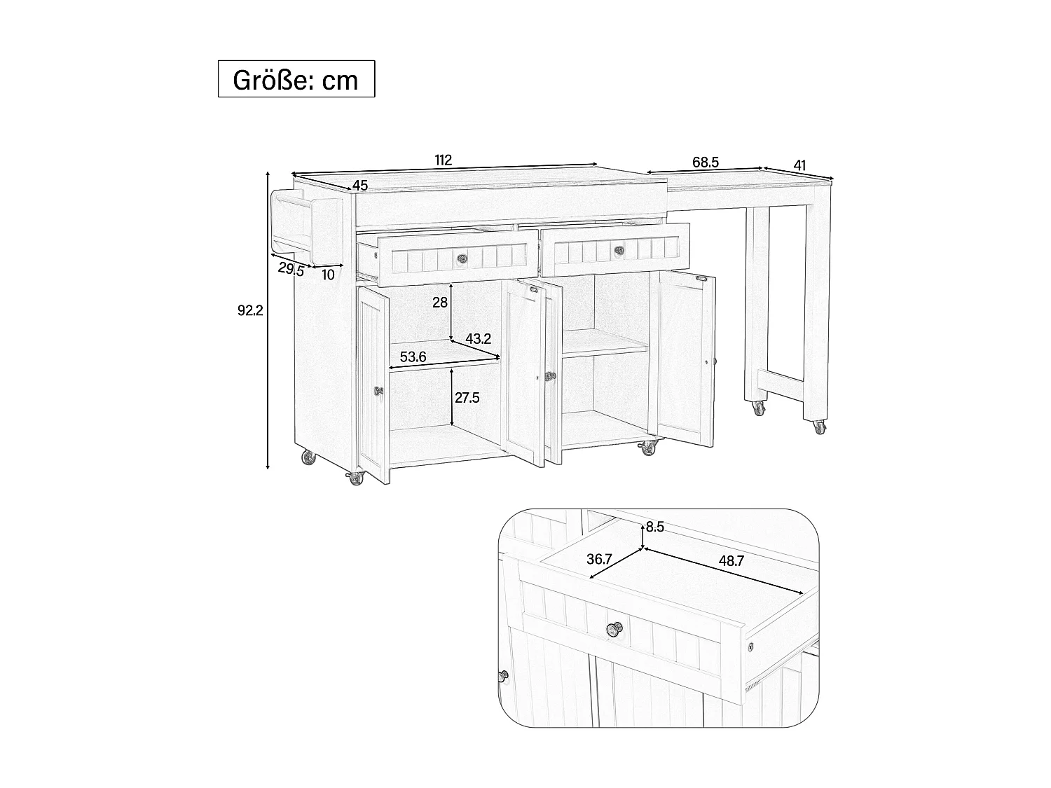 Îlot central de cuisine mobile gris - Desserte de cuisine avec 4 portes et 2 tiroirs - plateau extensible et étagère à épices