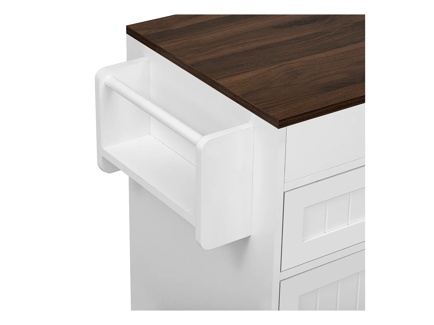 Îlot central de cuisine mobile blanc - Desserte de cuisine avec 4 portes et 2 tiroirs - plateau extensible et étagère à épices