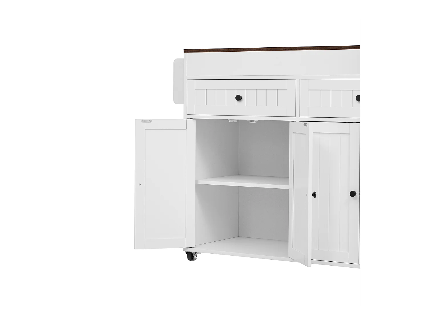 Îlot central de cuisine mobile blanc - Desserte de cuisine avec 4 portes et 2 tiroirs - plateau extensible et étagère à épices