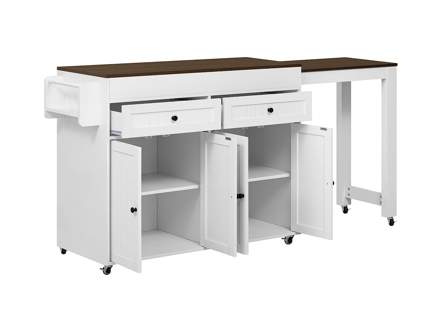 Îlot central de cuisine mobile blanc - Desserte de cuisine avec 4 portes et 2 tiroirs - plateau extensible et étagère à épices