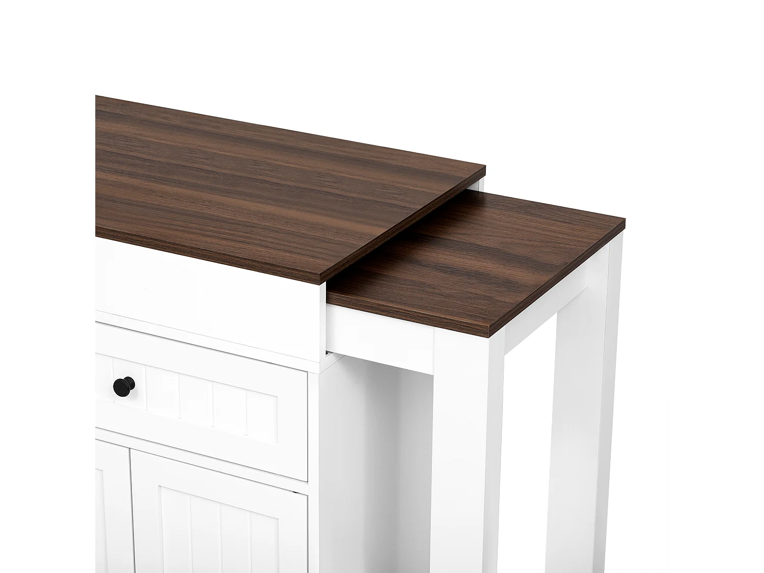 Ilha de cozinha móvel branca - Carrinho de cozinha com 4 portas e 2 gavetas - tampo extensível em madeira e suporte para temperos