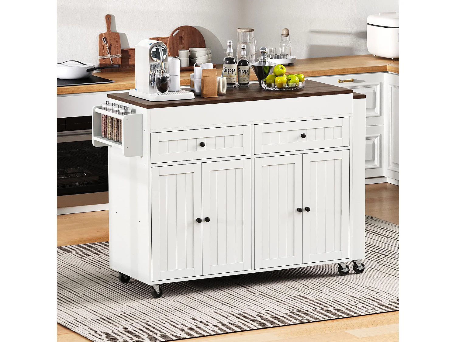 Îlot central de cuisine mobile blanc - Desserte de cuisine avec 4 portes et 2 tiroirs - plateau extensible et étagère à épices