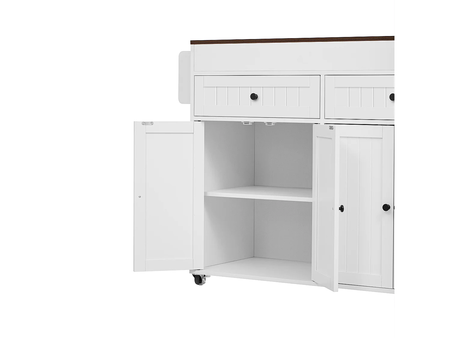 Îlot central de cuisine mobile blanc - Desserte de cuisine avec 4 portes et 2 tiroirs - plateau extensible et étagère à épices