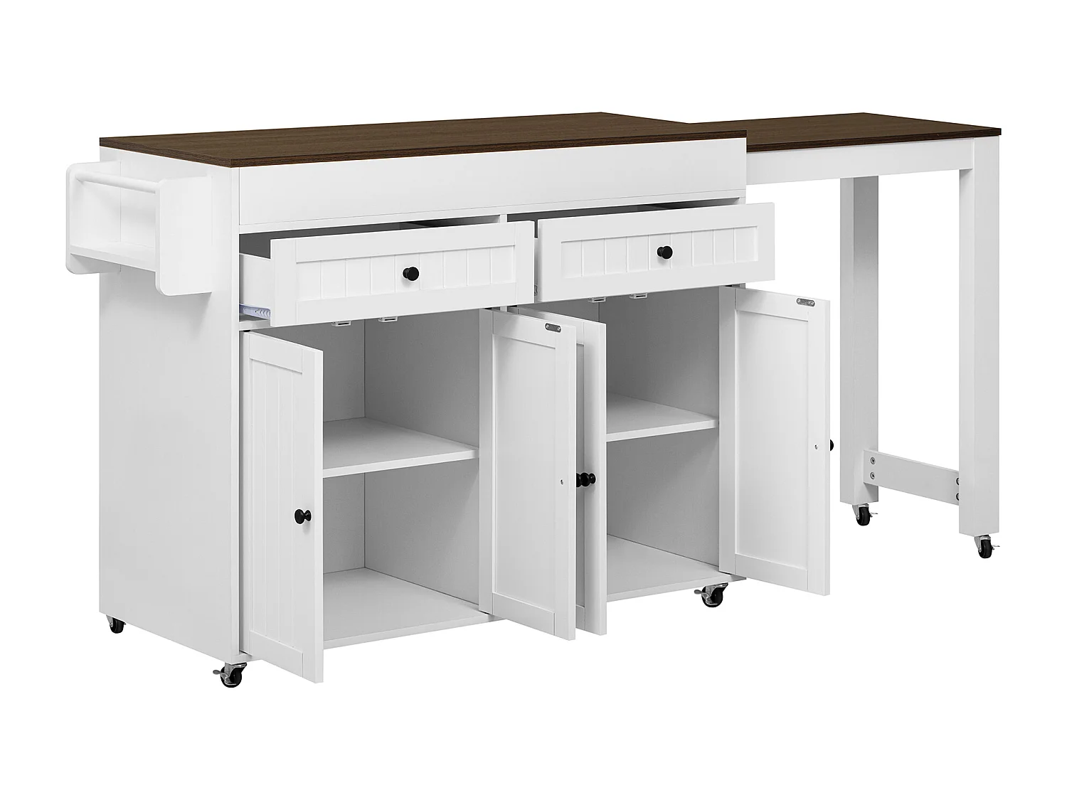 Îlot central de cuisine mobile blanc - Desserte de cuisine avec 4 portes et 2 tiroirs - plateau extensible et étagère à épices