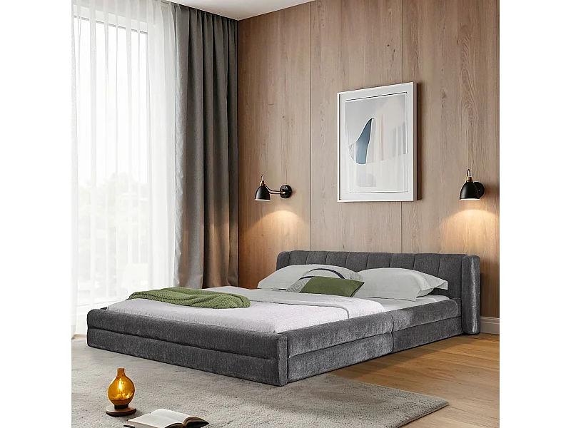 Tweepersoonsbed 160 x 200 cm - Volwassen bed met zachte rugleuning - grijze chenille - matras niet inbegrepen