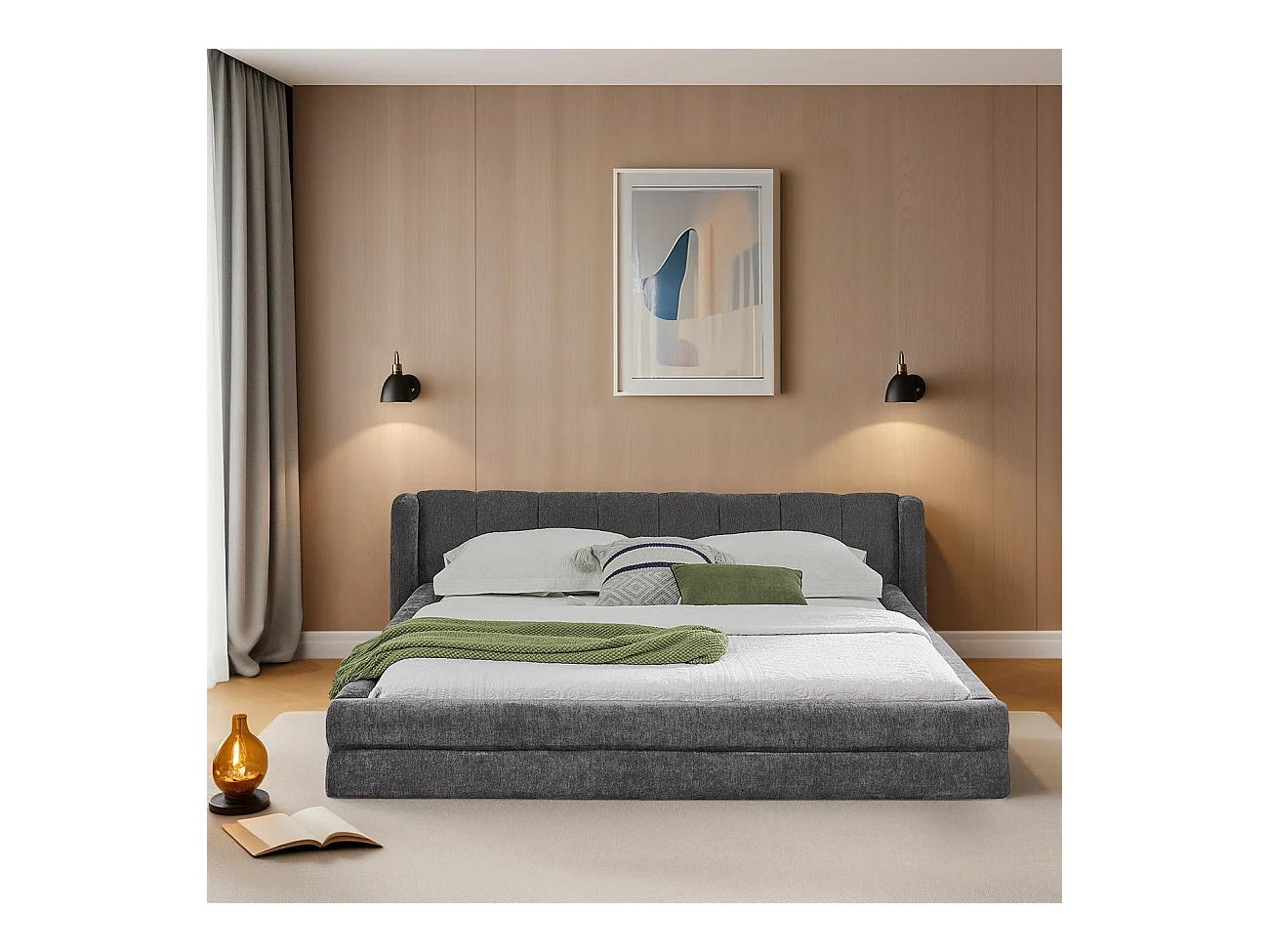 Cama de casal 160 x 200 cm - Cama de adulto com encosto macio - chenille cinzento - colchão não incluído