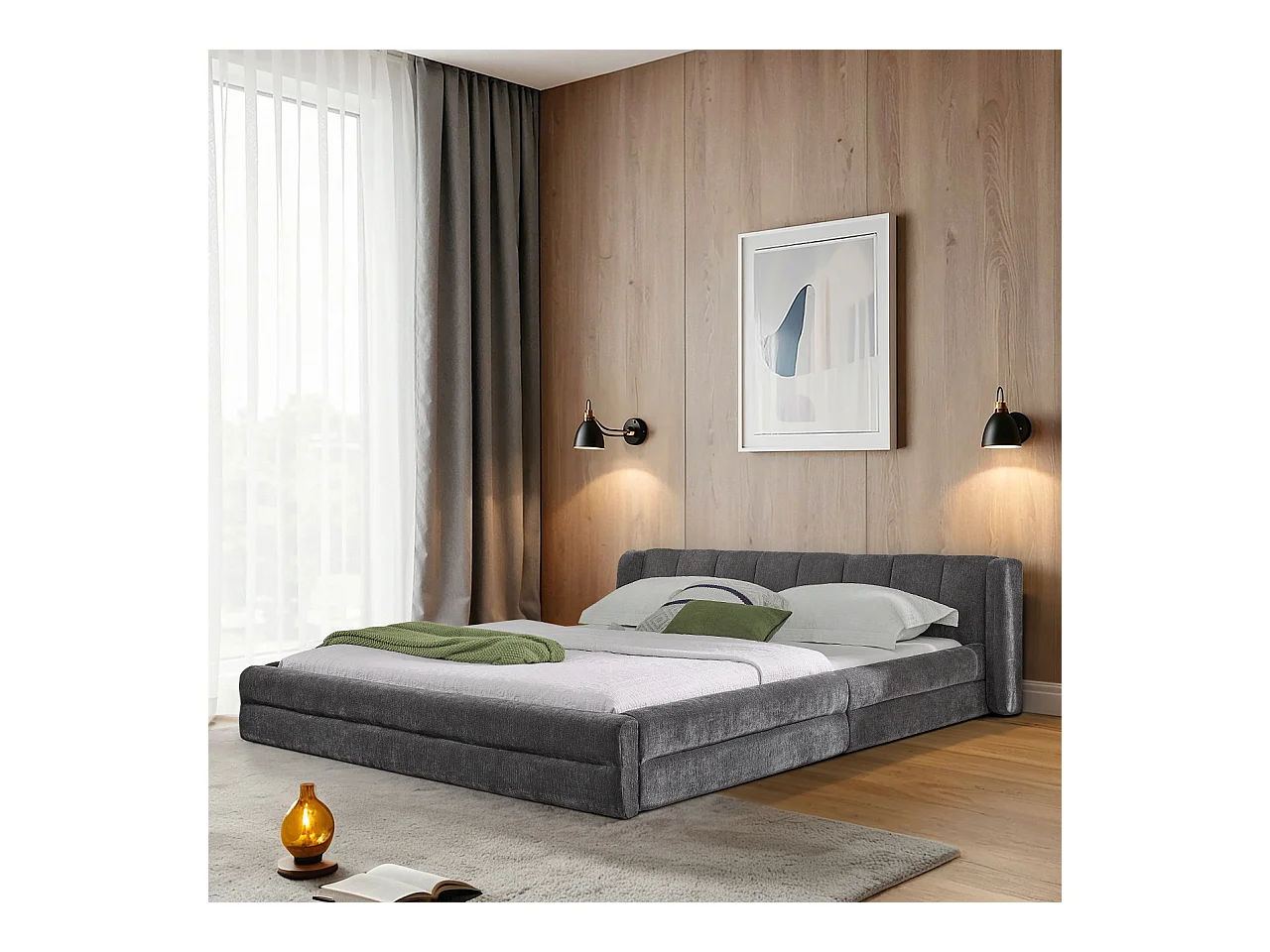 Doppelbett 160 x 200 cm – Erwachsenenbett mit weicher Rückenlehne – graues Chenille – Matratze nicht enthalten