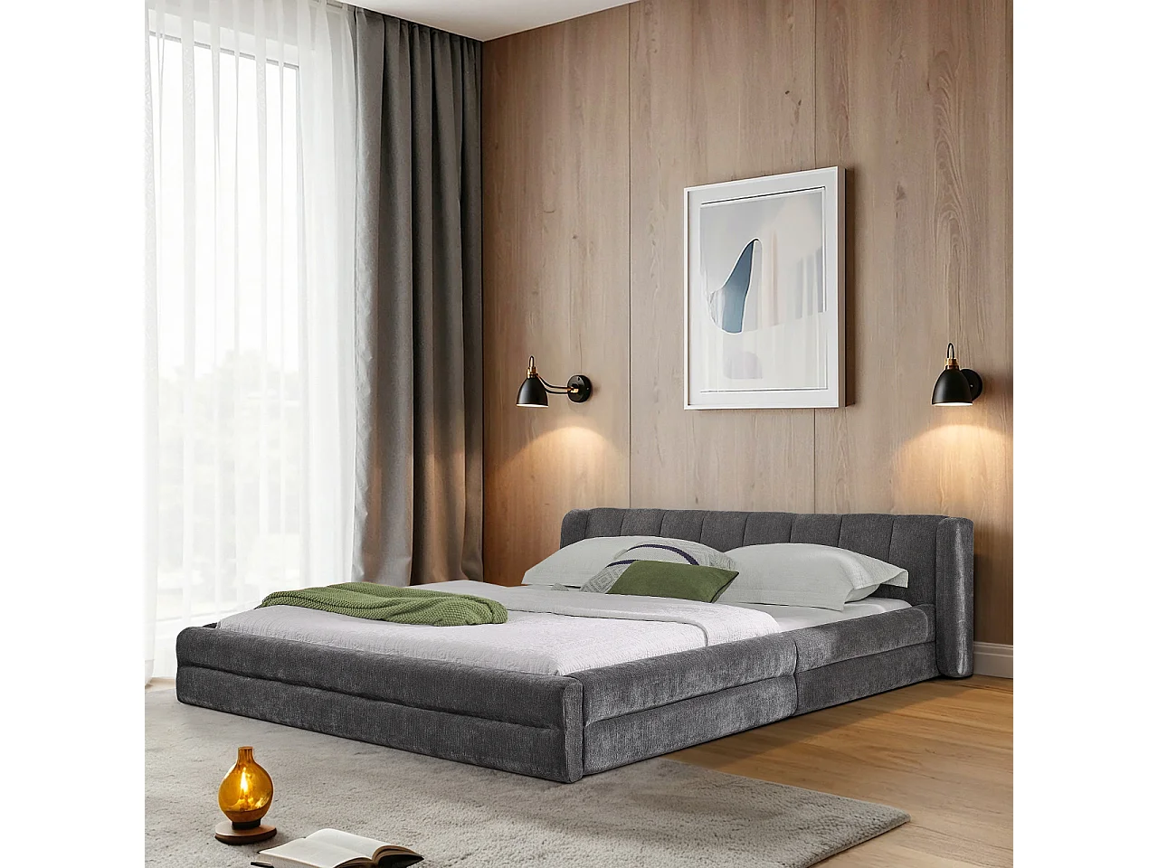 Lit double 160 x 200 cm - Lit adulte avec dossier moelleux - chenille gris - matelas non inclus