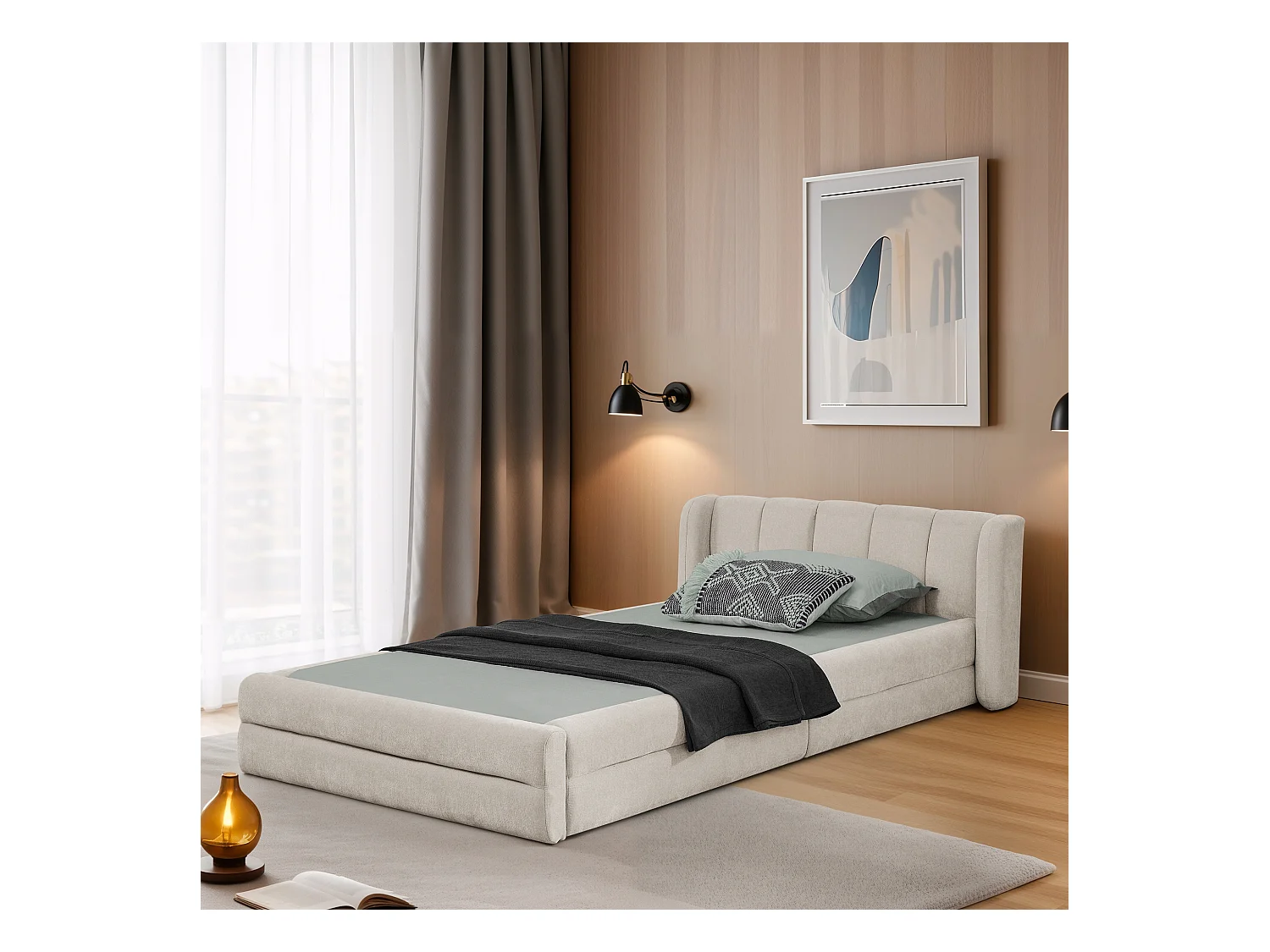 Einzelbett 90 x 200 cm – Kinderbett mit weicher Rückenlehne – beiger chenille-stoff – matratze nicht enthalten