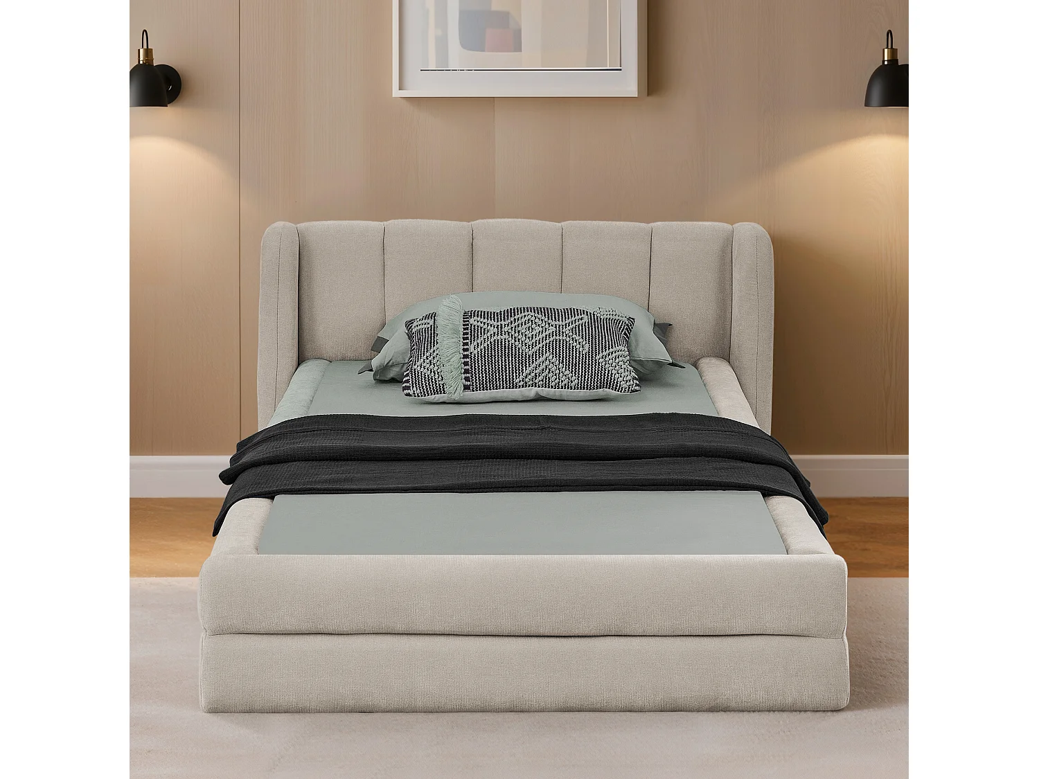 Lit simple 90 x 200 cm - Lit enfant avec dossier moelleux - tissu chenille beige - matelas non inclus