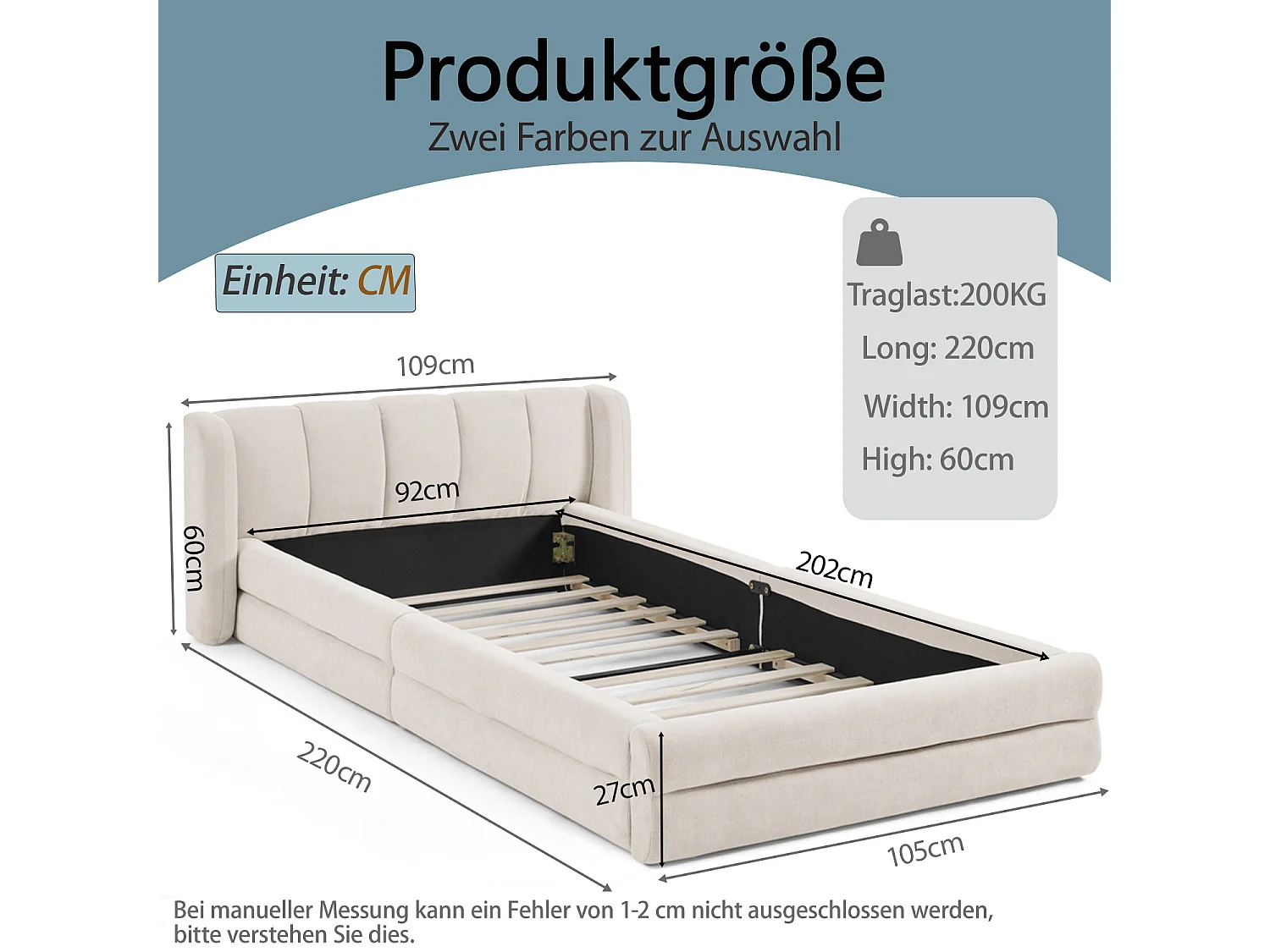 Lit simple 90 x 200 cm - Lit enfant avec dossier moelleux - tissu chenille beige - matelas non inclus