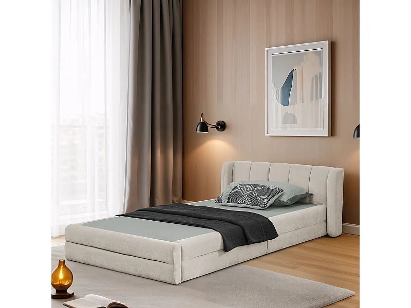 Einzelbett 90 x 200 cm – Kinderbett mit weicher Rückenlehne – beiger chenille-stoff – matratze nicht enthalten