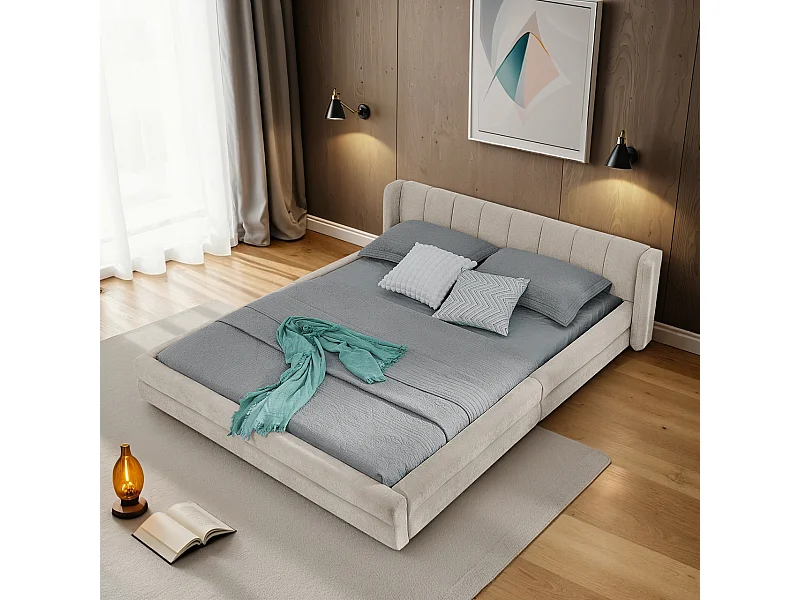 Doppelbett 140 x 200 cm – Erwachsenenbett mit weicher Rückenlehne – beigefarbenes Chenille – Matratze nicht im Lieferumfang enthalten