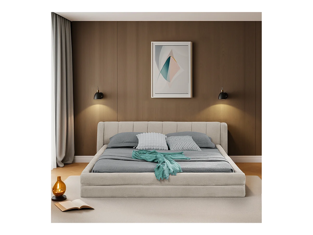 Cama de casal 140 x 200 cm - Cama de adulto com encosto macio - chenille bege - colchão não incluído