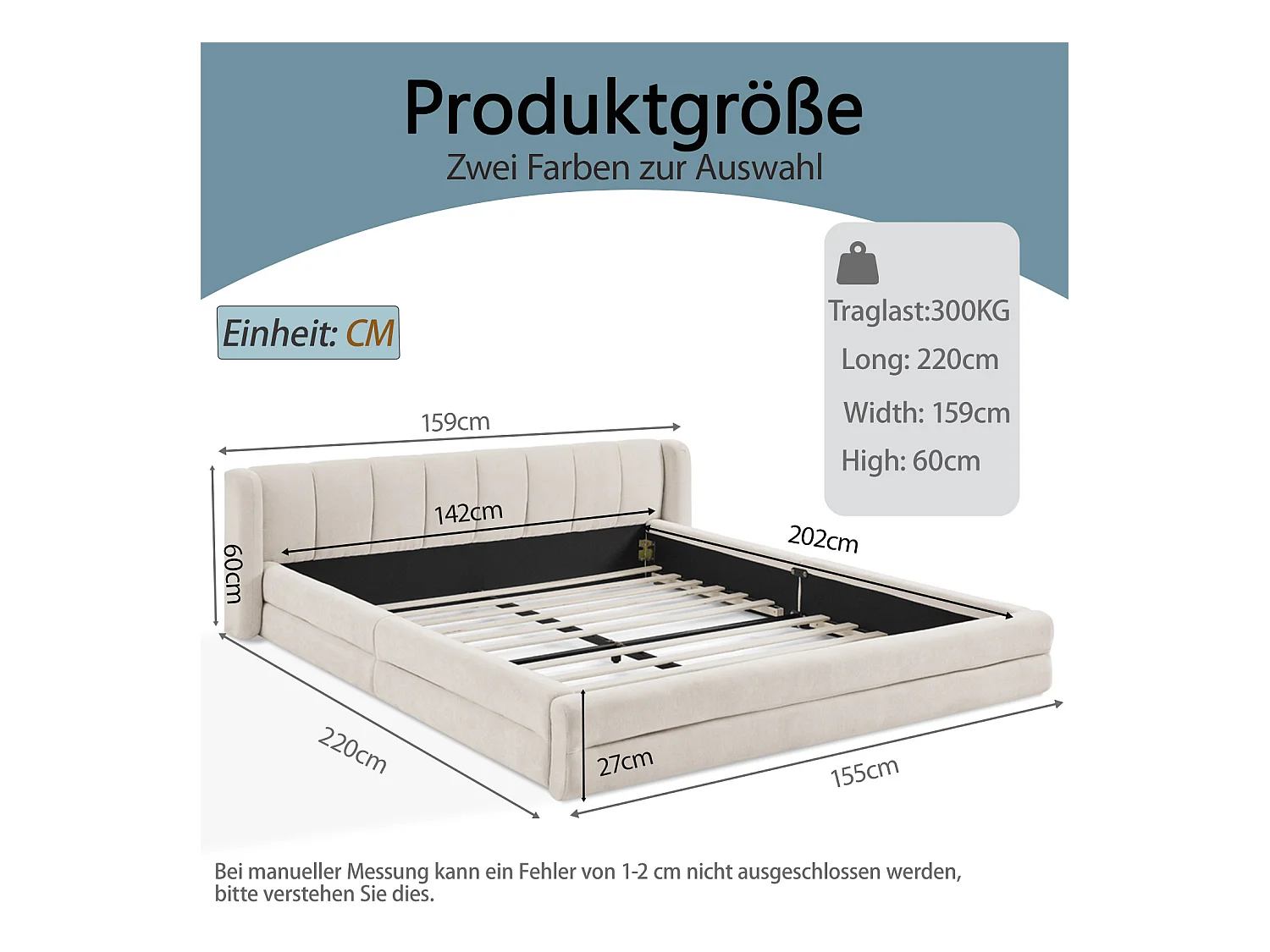 Cama de casal 140 x 200 cm - Cama de adulto com encosto macio - chenille bege - colchão não incluído