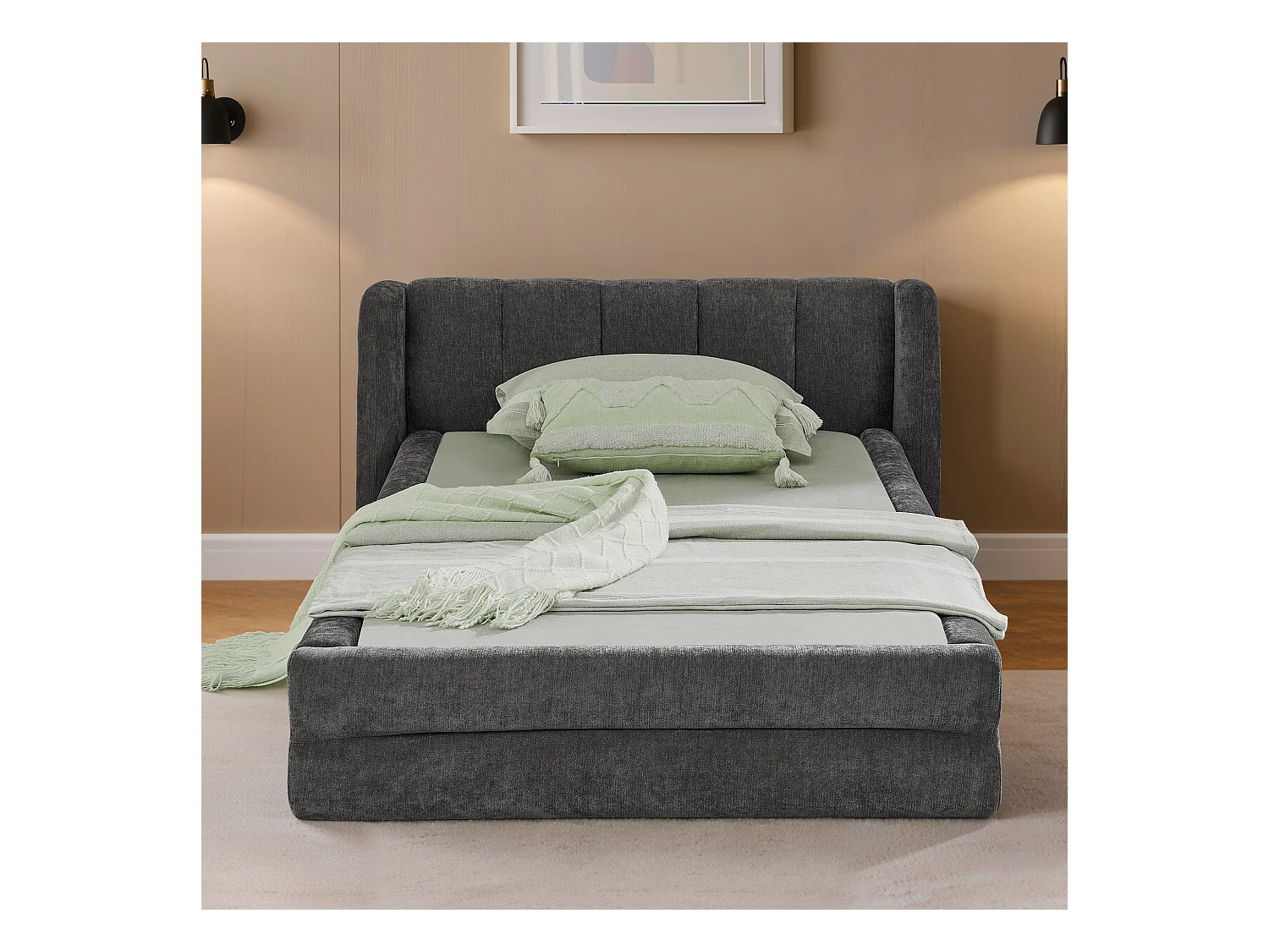 Lit simple 90 x 200 cm - Lit enfant avec dossier moelleux - tissu chenille gris - matelas non inclus