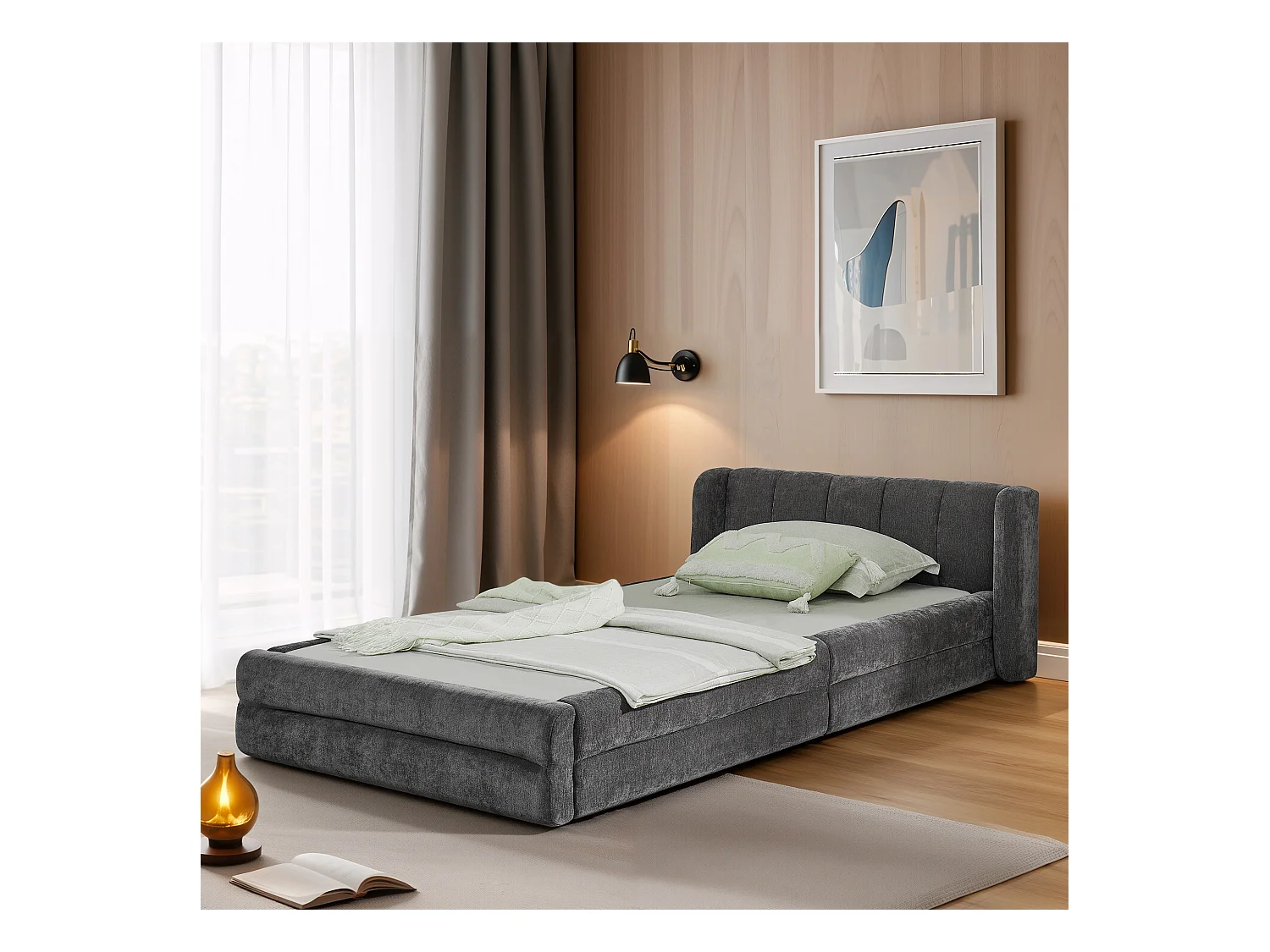 Lit simple 90 x 200 cm - Lit enfant avec dossier moelleux - tissu chenille gris - matelas non inclus