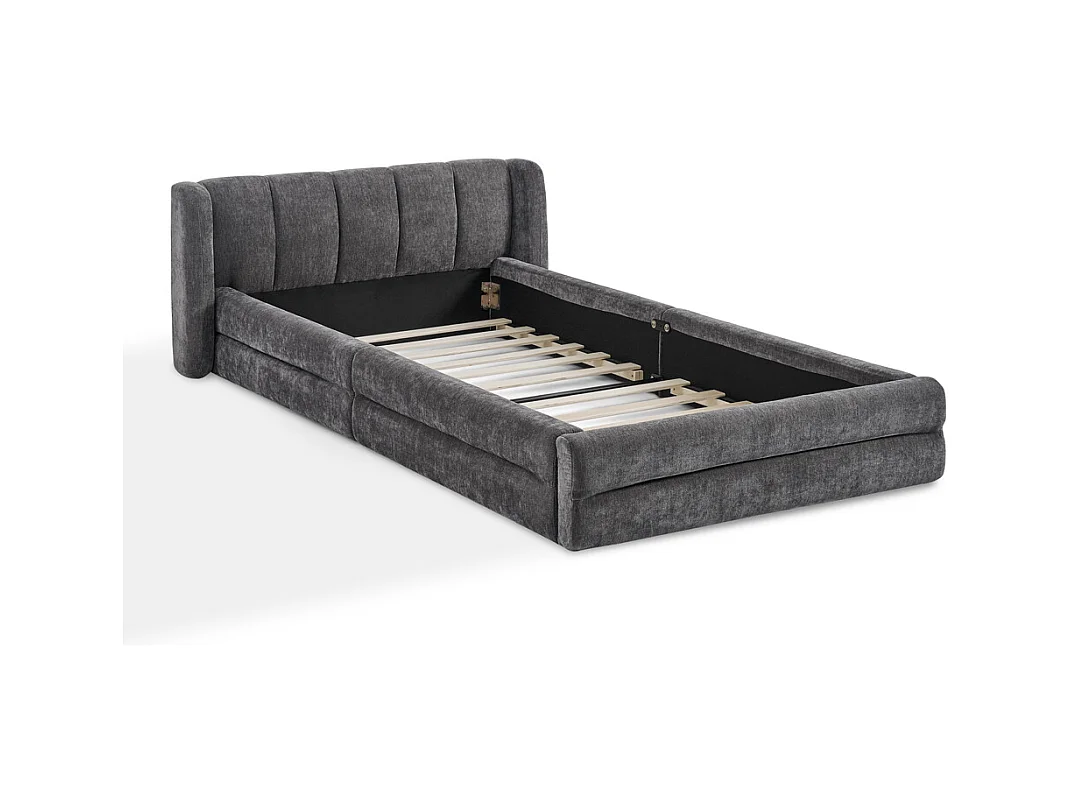 Lit simple 90 x 200 cm - Lit enfant avec dossier moelleux - tissu chenille gris - matelas non inclus