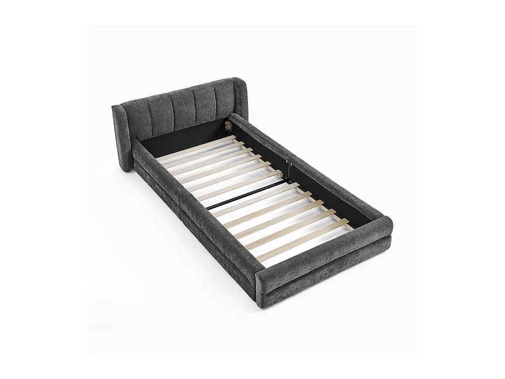 Lit simple 90 x 200 cm - Lit enfant avec dossier moelleux - tissu chenille gris - matelas non inclus