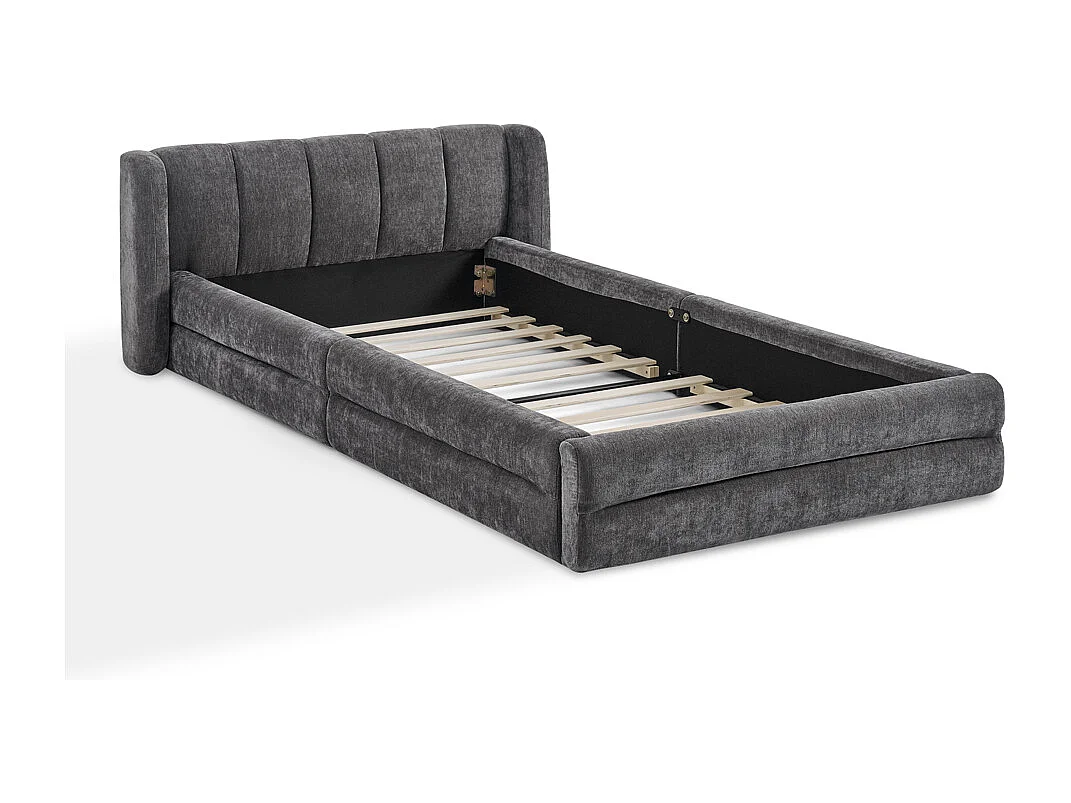 Lit simple 90 x 200 cm - Lit enfant avec dossier moelleux - tissu chenille gris - matelas non inclus