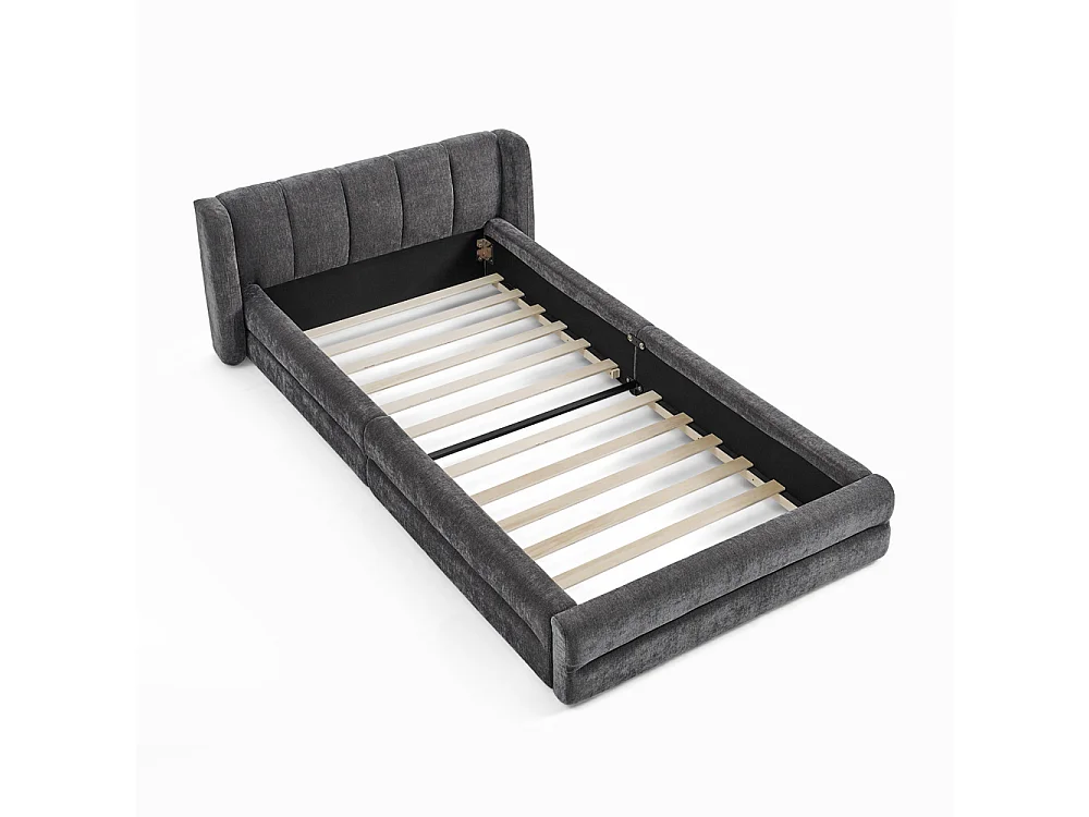 Lit simple 90 x 200 cm - Lit enfant avec dossier moelleux - tissu chenille gris - matelas non inclus