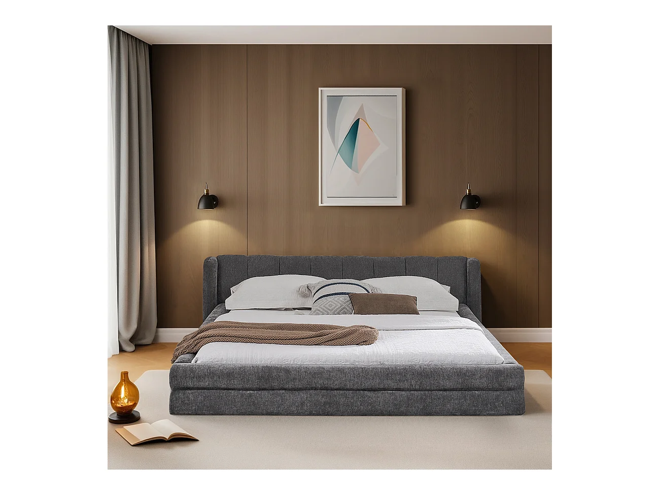 Lit double 140 x 200 cm - Lit adulte avec dossier moelleux - chenille gris - matelas non inclus