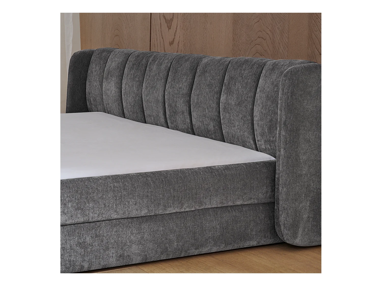 Lit double 140 x 200 cm - Lit adulte avec dossier moelleux - chenille gris - matelas non inclus
