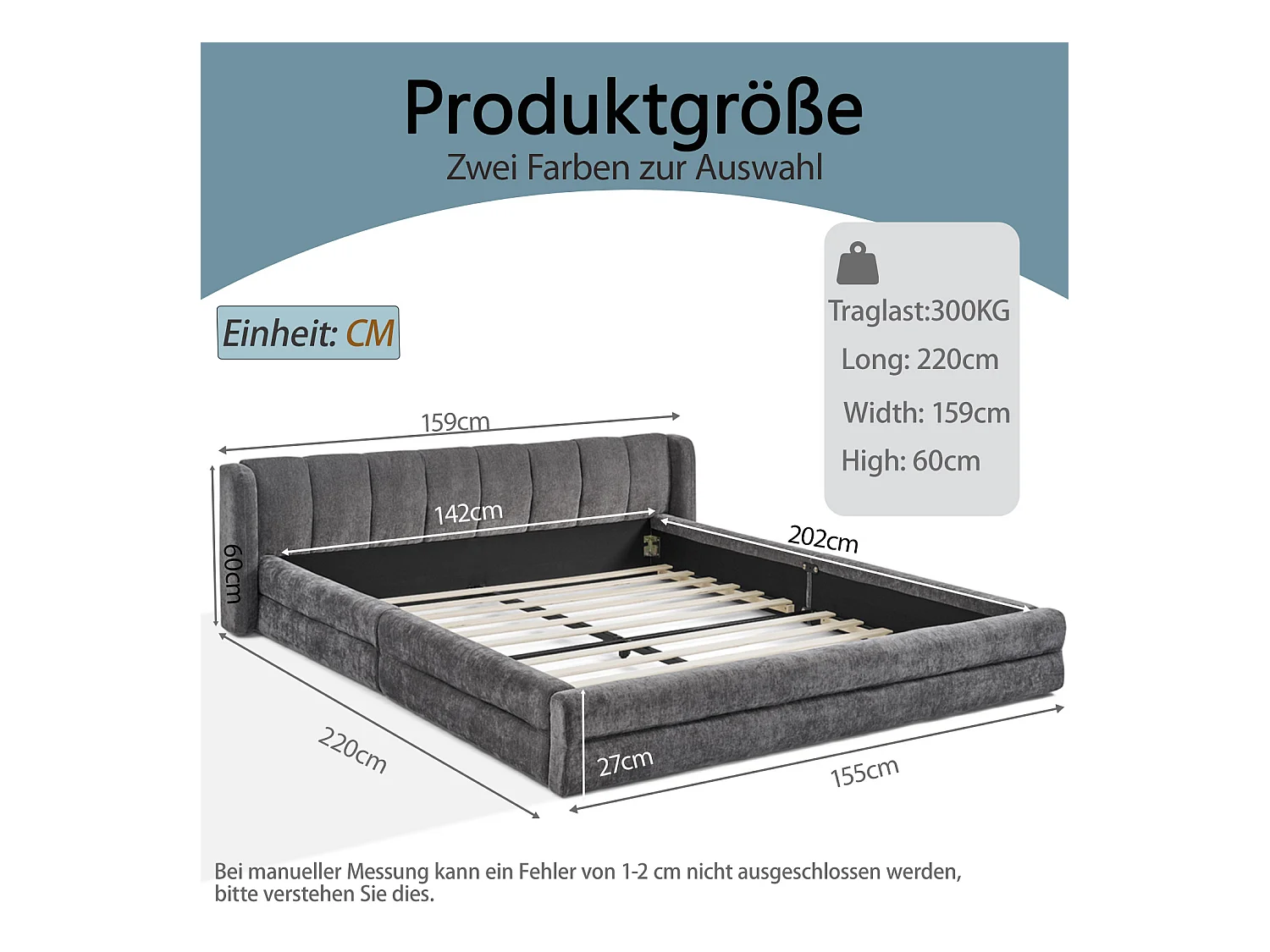 Lit double 140 x 200 cm - Lit adulte avec dossier moelleux - chenille gris - matelas non inclus