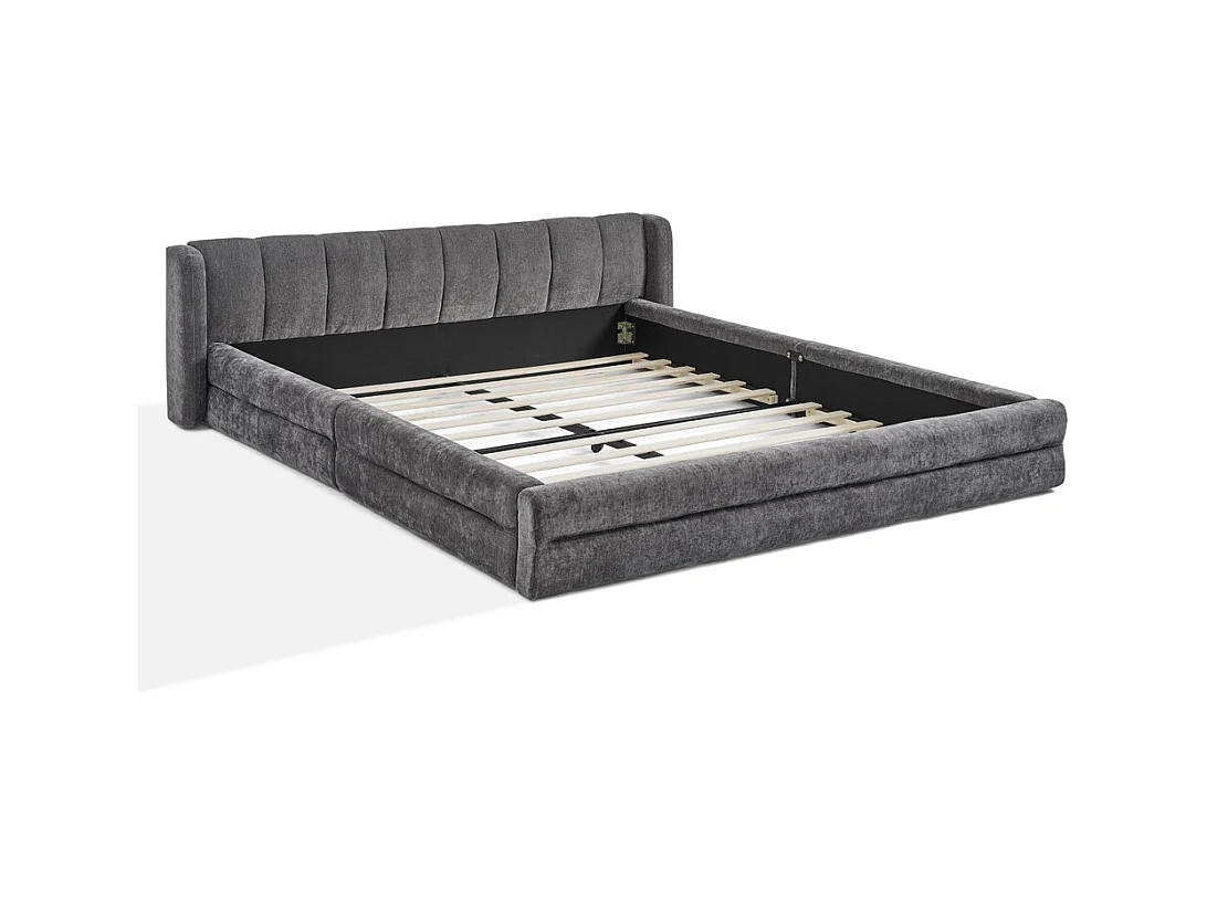 Lit double 140 x 200 cm - Lit adulte avec dossier moelleux - chenille gris - matelas non inclus