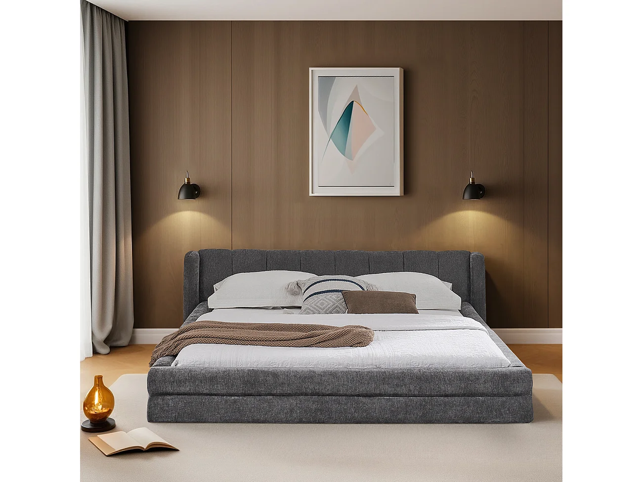 Lit double 140 x 200 cm - Lit adulte avec dossier moelleux - chenille gris - matelas non inclus