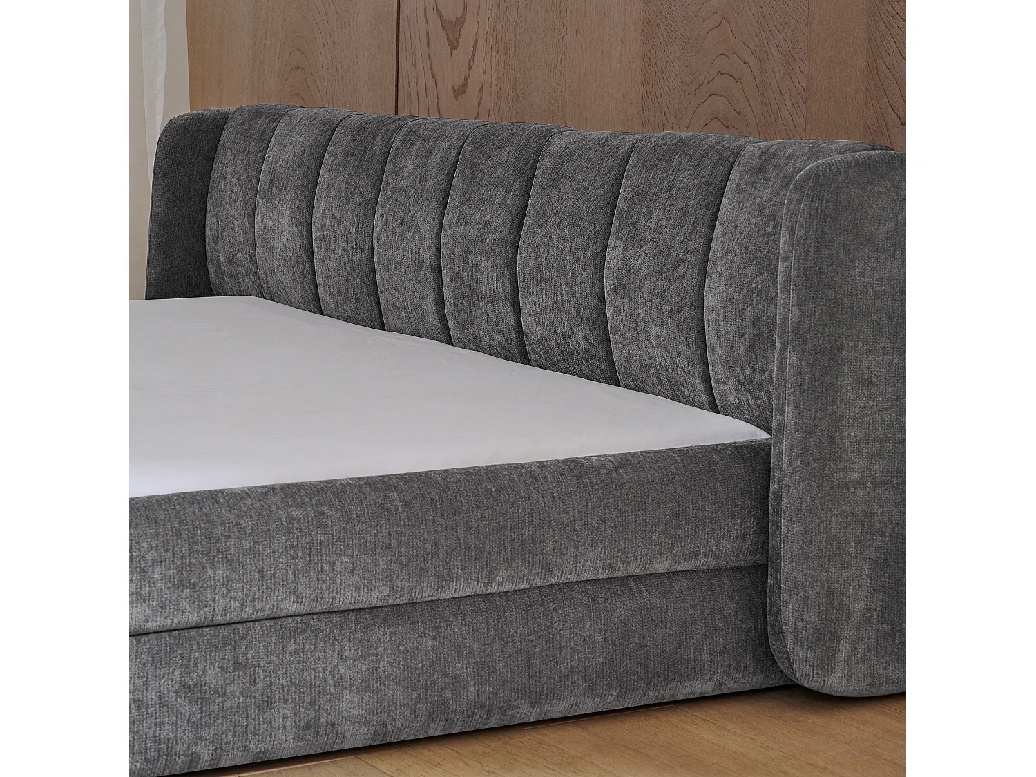 Lit double 140 x 200 cm - Lit adulte avec dossier moelleux - chenille gris - matelas non inclus