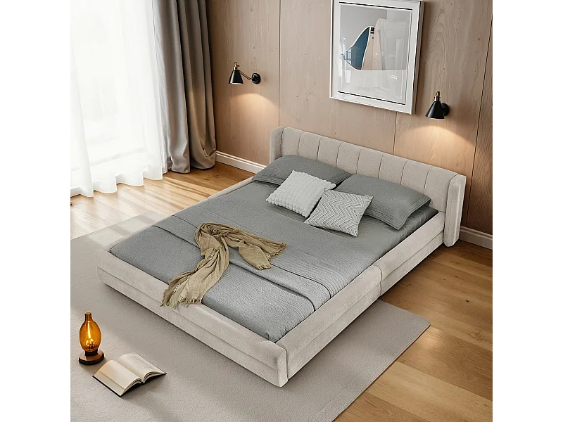 Tweepersoonsbed 160 x 200 cm - Volwassen bed met zachte rugleuning - beige chenille - matras niet inbegrepen