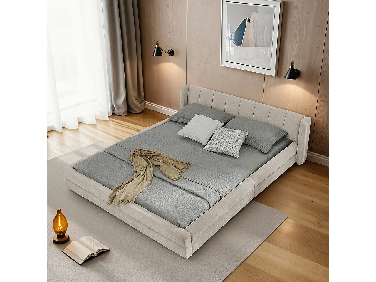 Lit double 160 x 200 cm - Lit adulte avec dossier moelleux - chenille beige - matelas non inclus