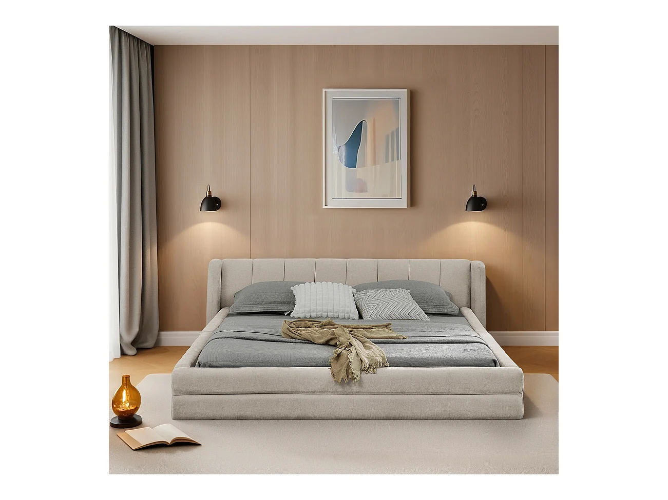 Lit double 160 x 200 cm - Lit adulte avec dossier moelleux - chenille beige - matelas non inclus