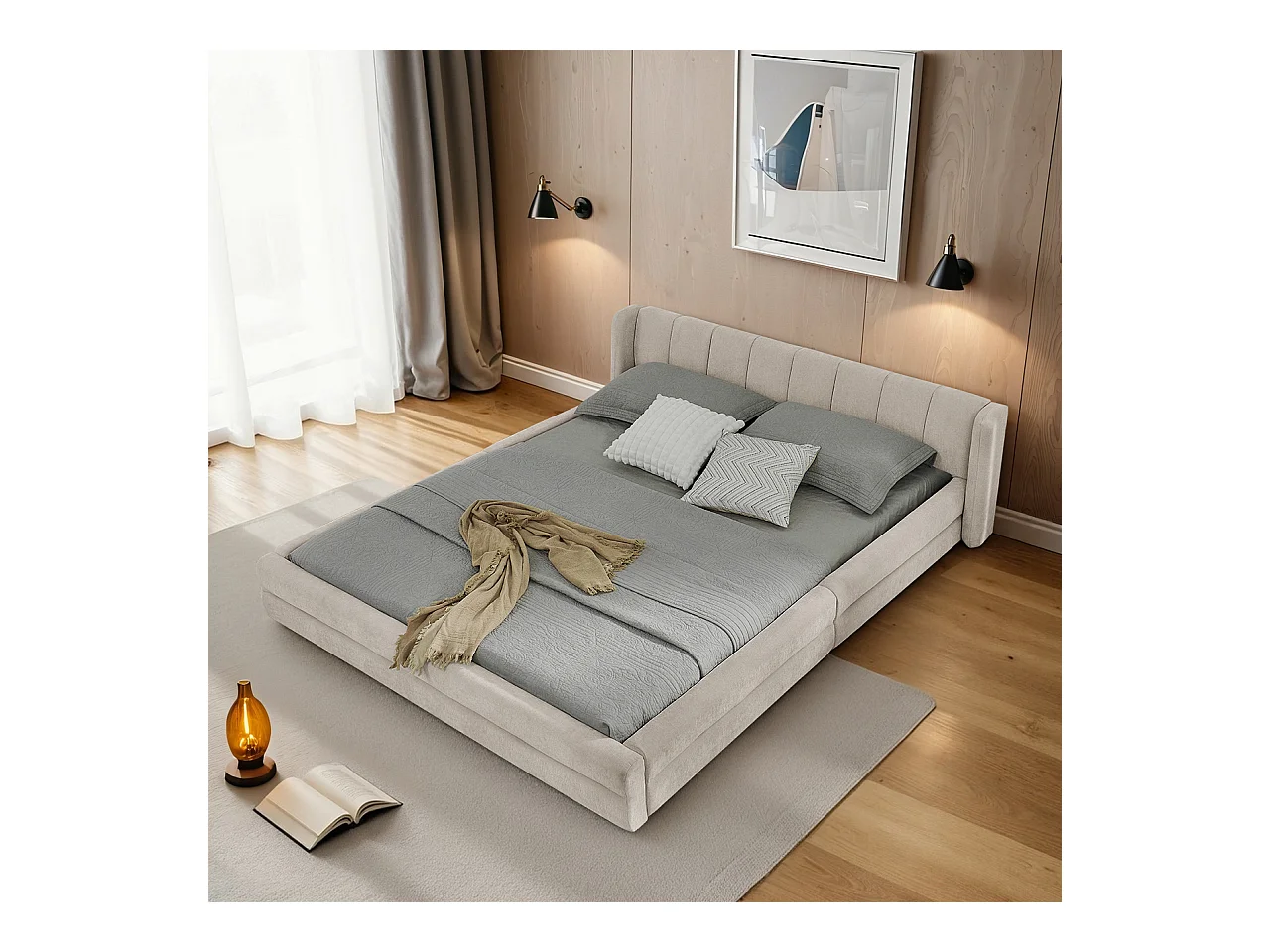 Letto matrimoniale 160 x 200 cm - Letto per adulti con schienale morbido - ciniglia beige - materasso non incluso