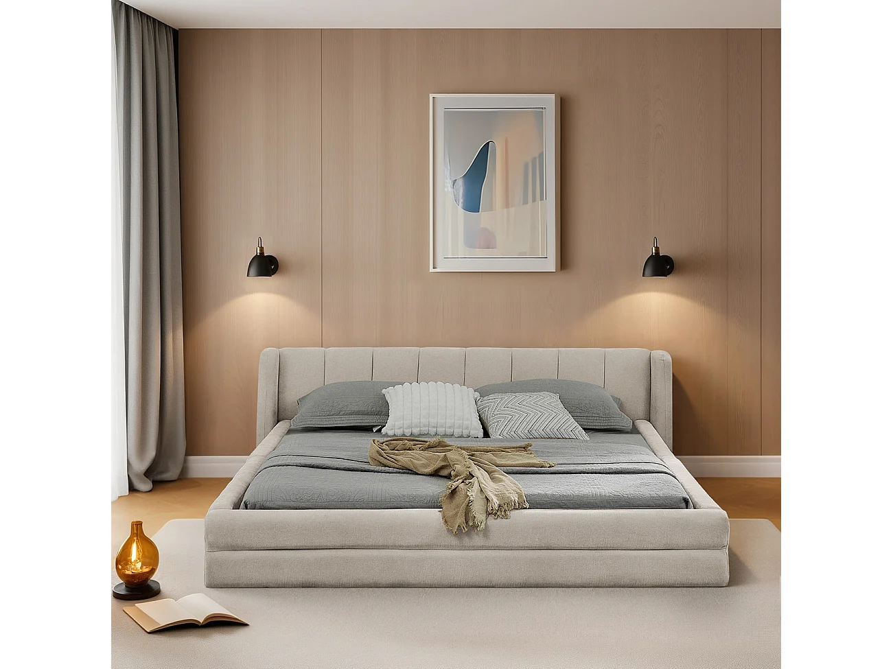 Lit double 160 x 200 cm - Lit adulte avec dossier moelleux - chenille beige - matelas non inclus