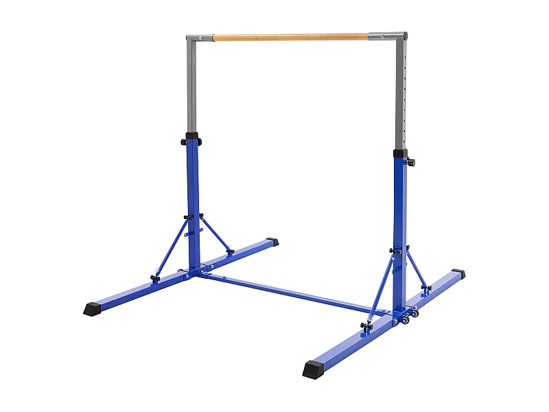 Hauki Barra da ginnastica per bambini blu, pieghevole regolabile in altezza 95,5-150 cm, legno e acciaio, attrezzo sportivo, sbarra esercizi danza