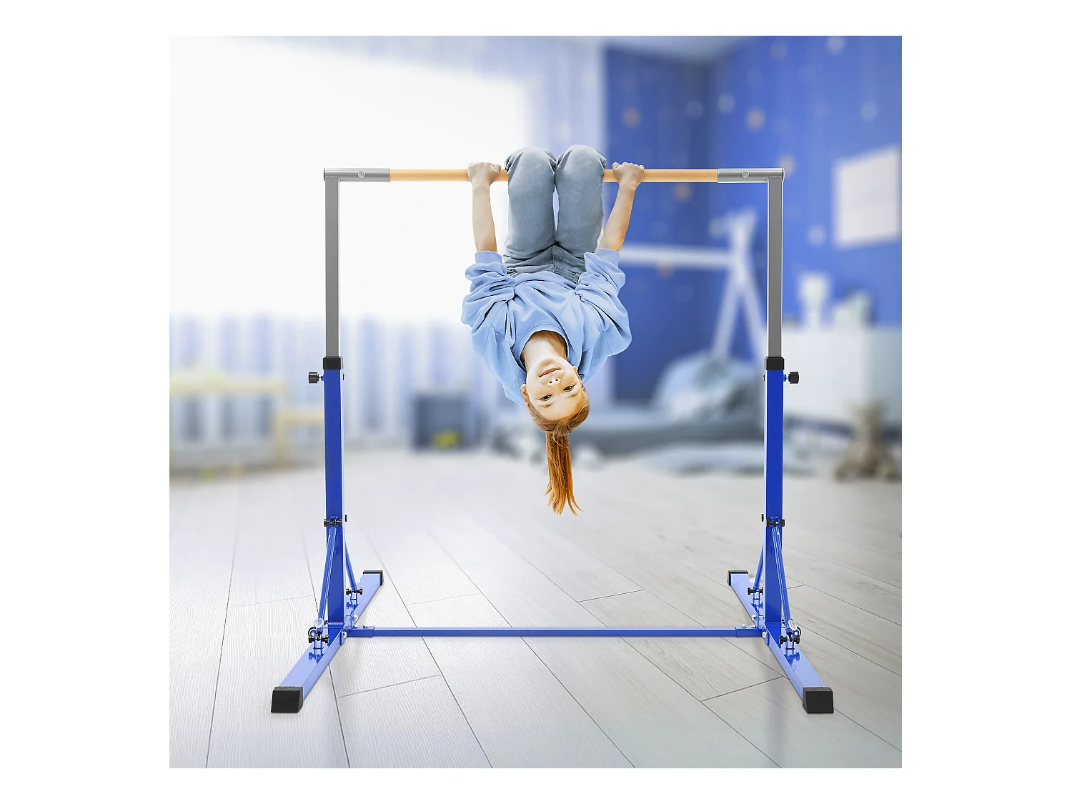Barre de gymnastique pliable pour enfants bleu hauteur réglable 95.5-150 cm structure en acier/bois appareil d'entraînement à la maison support stable