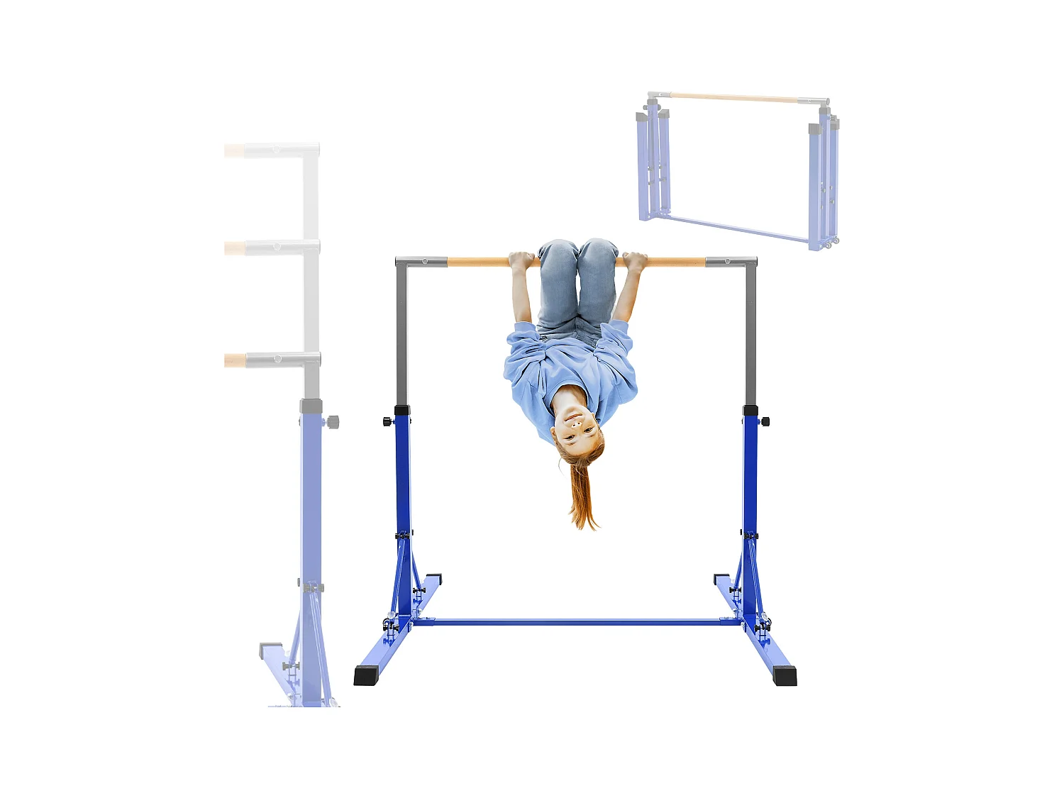 Barre de gymnastique pliable pour enfants bleu hauteur réglable 95.5-150 cm structure en acier/bois appareil d'entraînement à la maison support stable