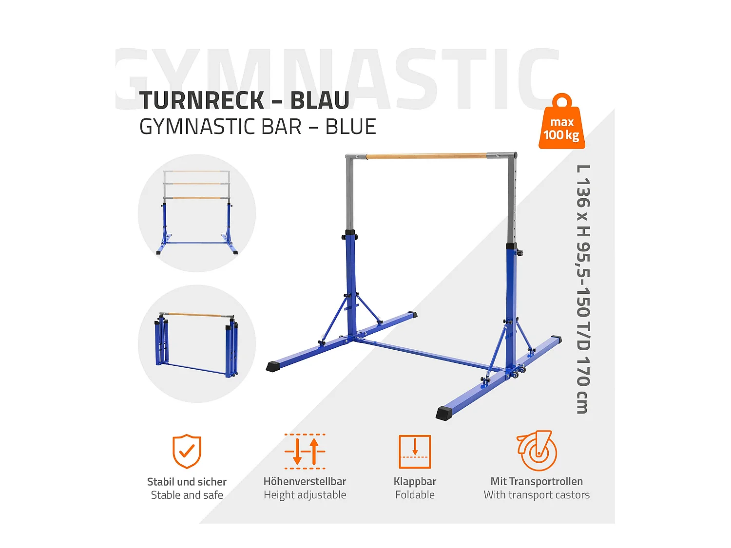 Barre de gymnastique pliable pour enfants bleu hauteur réglable 95.5-150 cm structure en acier/bois appareil d'entraînement à la maison support stable
