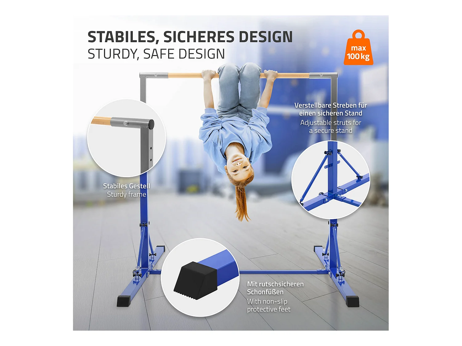 Barre de gymnastique pliable pour enfants bleu hauteur réglable 95.5-150 cm structure en acier/bois appareil d'entraînement à la maison support stable